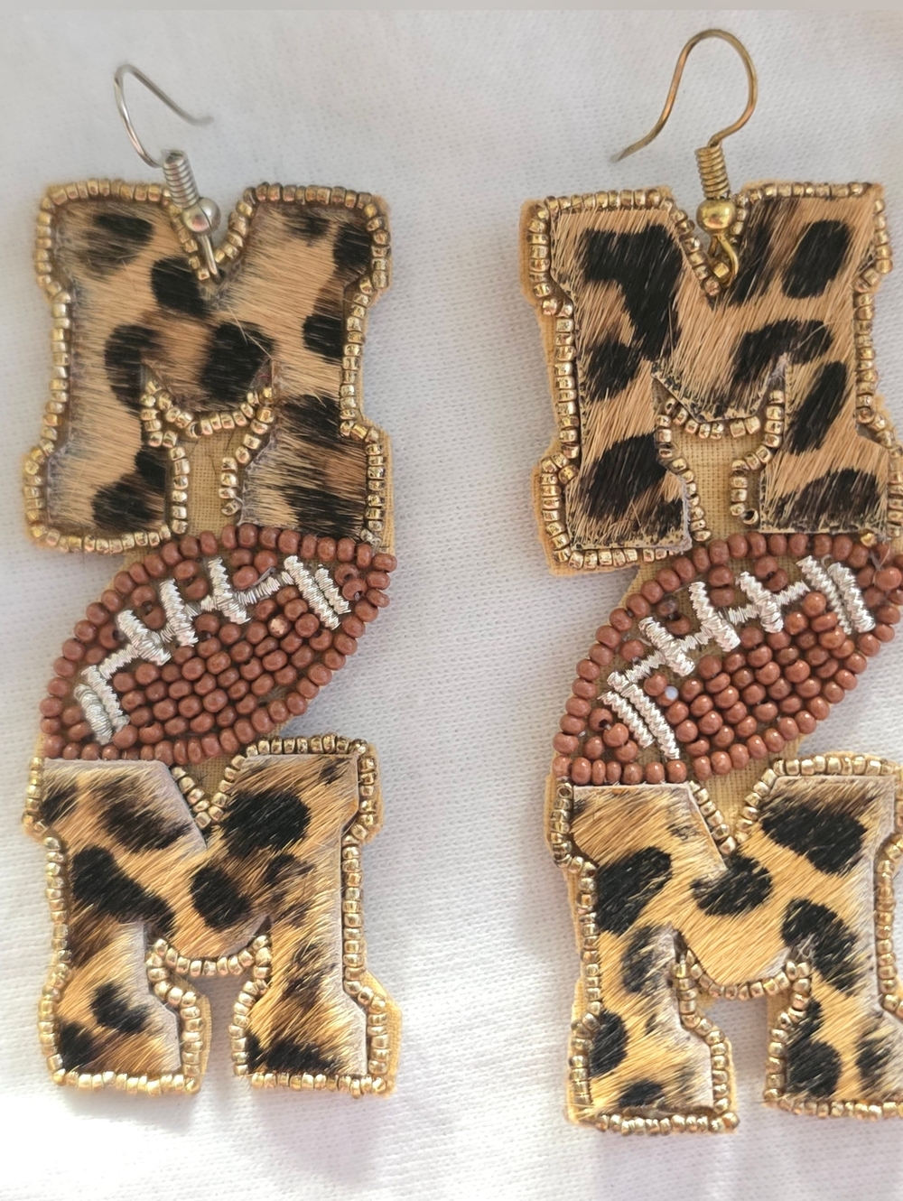 Football Earrings Leopard Beaded Game Day Drop Earrings Gold Brown 3in New